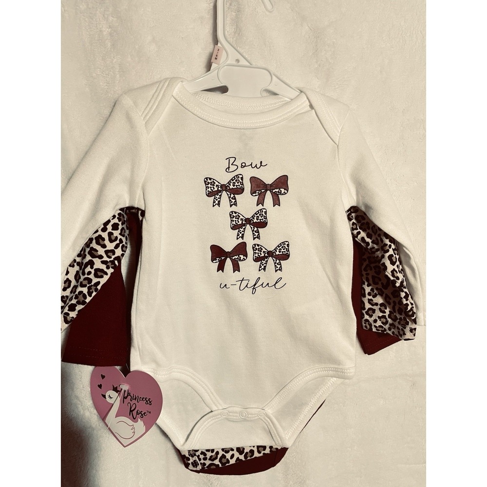 Princess Rose Infant 3–6 Month Bodysuits – 3‑Pack Leopard‑Inspired Designs – NWT